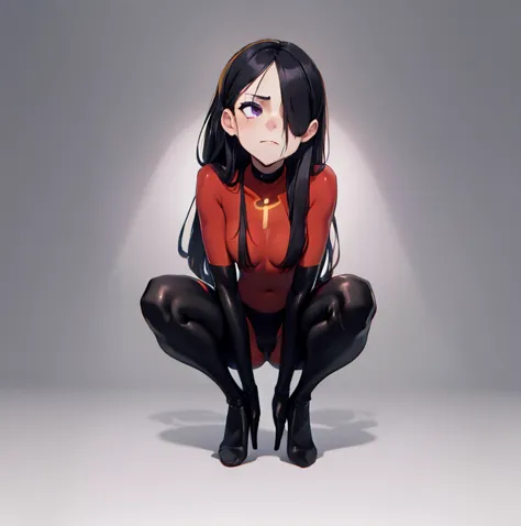 (full body),masterpiece, highest quality, one girl, violet par,  long hair, black hair,  hair on one eye,  (red hero suit)，red b...