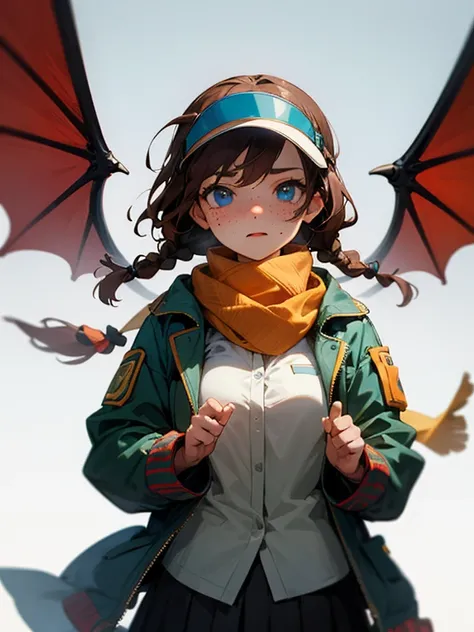 Masterpiece, best quality, expressive eyes, perfect face, 1girl, breasts, blue eyes, brown hair, twin braids, visor, scarf, jacket, dragon wings, skirt, freckles, sleeve over hands