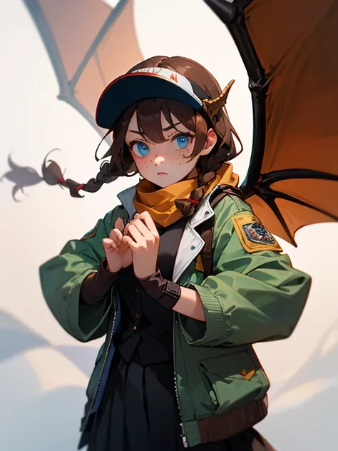 Masterpiece, best quality, expressive eyes, perfect face, 1girl, breasts, blue eyes, brown hair, twin braids, visor, scarf, jacket, dragon wings, skirt, freckles, sleeve over hands