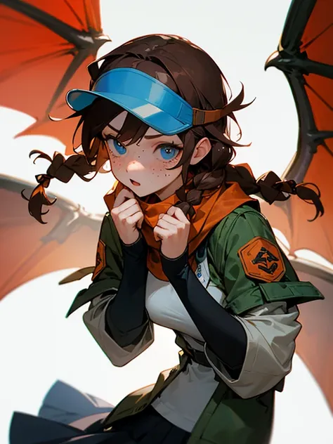 Masterpiece, best quality, expressive eyes, perfect face, 1girl, breasts, blue eyes, brown hair, twin braids, visor, scarf, jacket, dragon wings, skirt, freckles, sleeve over hands