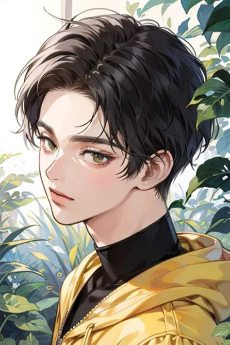 ((best quality)), ((masterpiece)), (detailed), perfect face, 1boy, solo, handsome, yellow hoodie, curly black hair, looking at viewer, portrait, talking to viewer, Fujimoto Style