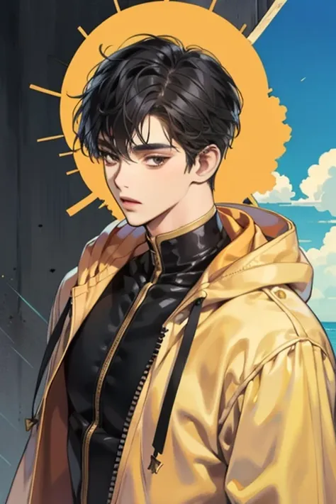 ((best quality)), ((masterpiece)), (detailed), perfect face, 1boy, solo, handsome, yellow hoodie, curly black hair, looking at viewer, portrait, talking to viewer, Fujimoto Style