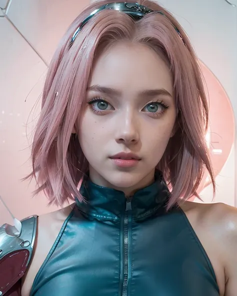 young woman, short shoulder-length pink hair, wide forehead, porcelain skin, pink eyebrows, big emerald green eyes, buttoned nose, full lips, heart-shaped face, slender body, small breasts, maroon tank top, Sakura Haruno , realistic, Realism, details, 3d, ...