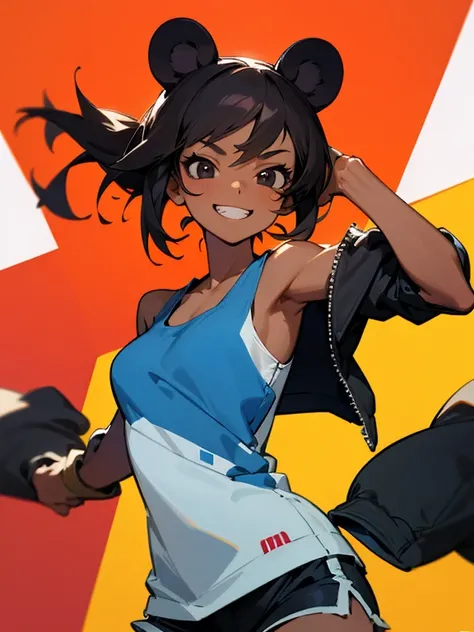 Masterpiece, best quality, expressive eyes, perfect face, 1girl, dark_skinned_female, bear ears, black eyes, grin, smile, tank top jacket, sleeve, open_blazar, shorts, 