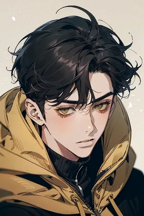 ((best quality)), ((masterpiece)), (detailed), perfect face, 1boy, solo, handsome, yellow hoodie, curly black hair, looking at viewer, portrait, talking to viewer, Fujimoto Style