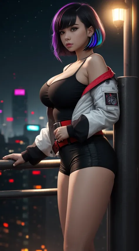 masterpiece, (photorealistic:1.4), best quality, beautiful lighting, (ulzzang-6500:0.5), 

lucy (cyberpunk), 1girl, against railing, arm rest, bangs, bare shoulders, belt, black belt, black leotard, black pants, blurry, bob cut, breasts, building, cityscap...