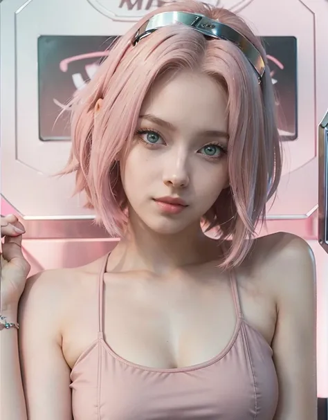 young woman, short shoulder-length pink hair, wide forehead, porcelain skin, pink eyebrows, big emerald green eyes, buttoned nose, full lips, heart-shaped face, slender body, small breasts, maroon tank top, Sakura Haruno , realistic, Realism, details, 3d, ...