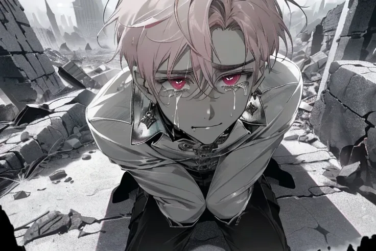 ((A ruined city full of rubble)),(After the war),((Vast landscape full of rubble)),(well-dressed boy),((Dark hair)),((sit with your knees on either side of the ground)),((Crying and laughing)),((Teary-eyed)),(Mouth slightly open),((Light pink eyes)),((Mono...