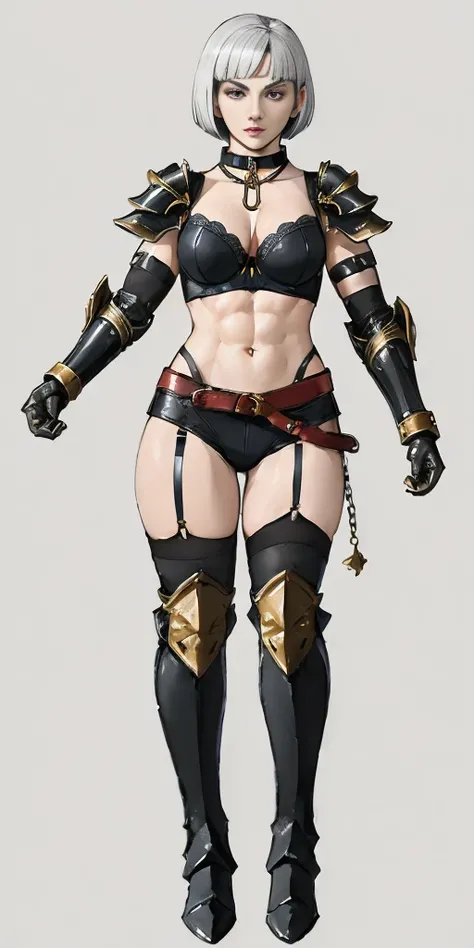 ((Plain background 1:2)) (Cammy White Street Fighter white silver short bob haircut) Female full body standing straight symmetrical looking to the viewer RED full body armored (handcuffs, shackles, rerebrace, faulds, poleyn, gauntlets, leather collar choke...