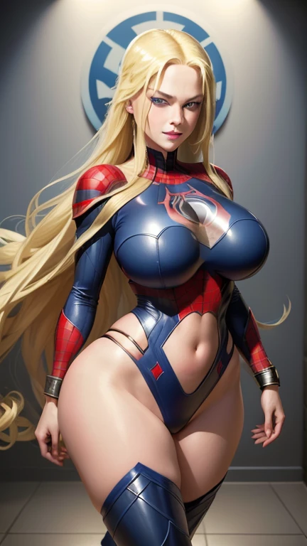 ((masterpiece, best quality, ultra-detailed, ultra-HD, photorealistic, cinematic)), (masterpiece:1.0), (best_quality:1.2), ((Full body photo)). Laura/woman/Chinese is standing, (Spider-Man/Ultraman hybrid costume with blue jewelry on the breastplate/extrem...