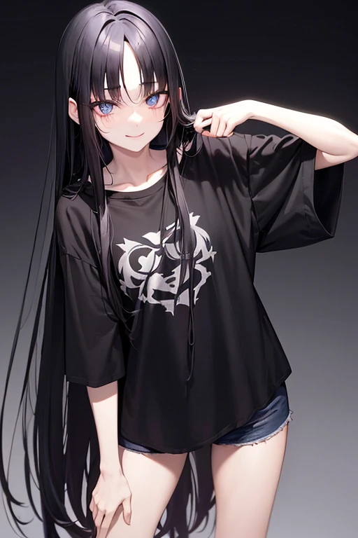 An anime girl, standing, (baggy black t-shirt, loose fitting blue shorts, long back hair, long dark black hair, pale skin, shining brown eyes, ultra detailed eyes, beautiful and detailed face, detailed eyes), empty gazes, smile, LSD flowers, beautiful ligh...