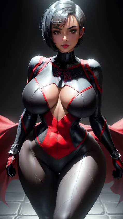 ((masterpiece, best quality, ultra-detailed, ultra-HD, photorealistic, cinematic)), (masterpiece:1.0), (best_quality:1.2), ((Full body photo)). Laura (black woman:1.5) is standing, (Spider-Man/Ultraman hybrid costume with blue jewelry on the breastplate/ex...