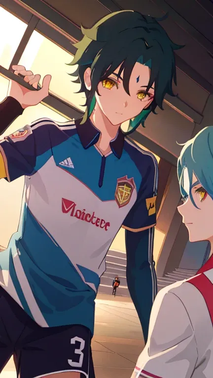 2 boys,dark green hair,highest quality,masterpiece,excessive,male focus,yellow eyes,beautiful eyes,beautiful boy,School,between men,Spouse,soccer club members,Blue soccer uniform,soccer,high school,soccer uniform,blue clothes,soccer court,teammate,same clo...