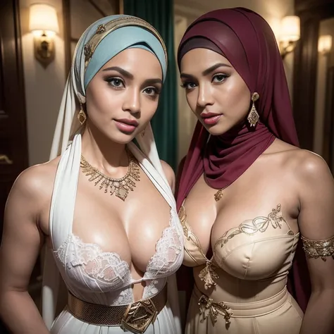 Malaysian girls group,malay, The whole body consists of a young girl with hijab, Eye makeup, 21yo, Cat ears, Soft lighting, Solo, Wear shabby clothes, Dirty, Tattered futuristic bikini, Cats paw badge, Pose, spot color, rendering by octane, Ultra-realistic...