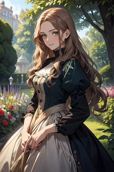 a digital painting of a woman with long brown wavy hair, green eyes, a young noble woman from the 1800s , soft features, navy blue dress, in a garden, portrait style