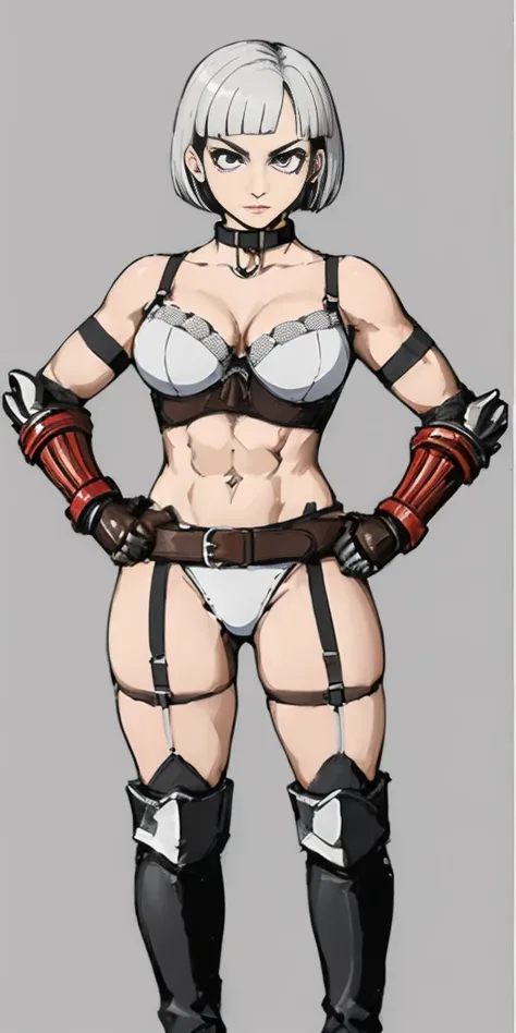 ((Plain background 1:2)) (Cammy White Street Fighter white silver short bob haircut) Female full body standing straight symmetrical looking to the viewer RED full body armored (handcuffs, shackles, rerebrace, faulds, poleyn, gauntlets, leather collar choke...