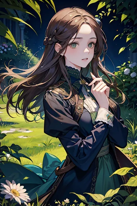 a digital painting of a woman with long brown wavy hair, green eyes, a young noble woman from the 1800s , soft features, navy blue dress, in a garden, portrait style