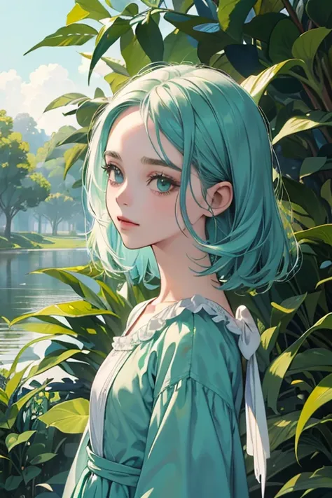 uma pintura digital de uma mulher com longos cabelos castanhos ondulados, olhos verdes, uma jovem nobre de 1800 , recursos suaves, vestido azul marinho, em um jardim, estilo retrato