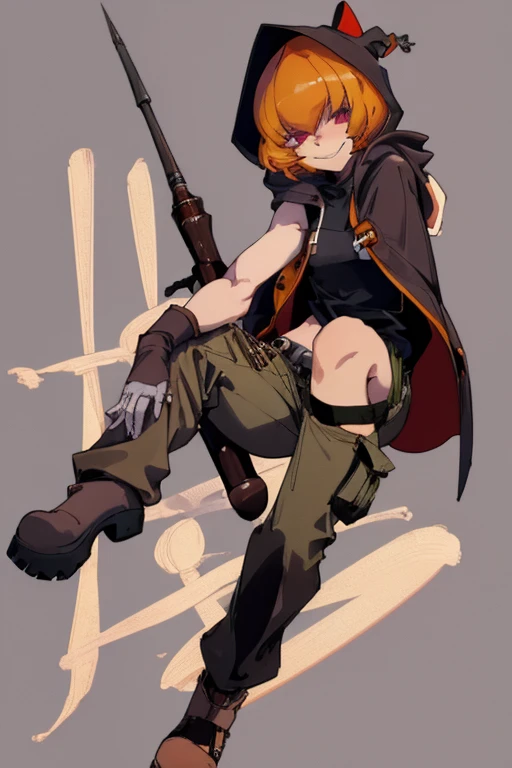 ((highest quality)), ((masterpiece)), (be familiar with),Clementine,Overload,{{nsfw}},Sleeveless hoodie,cargo pants,Bewitching Smile,whole body,boots,Long coat
