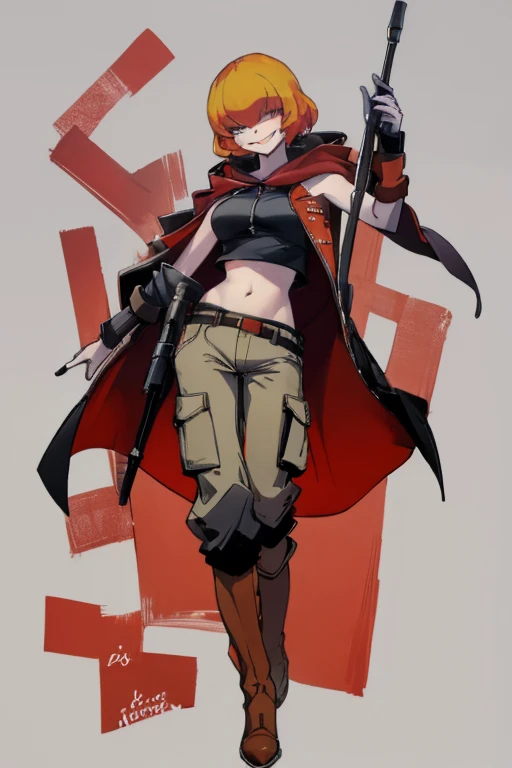 ((highest quality)), ((masterpiece)), (be familiar with),Clementine,Overload,{{nsfw}},Sleeveless hoodie,cargo pants,Bewitching Smile,whole body,boots,Long coat
