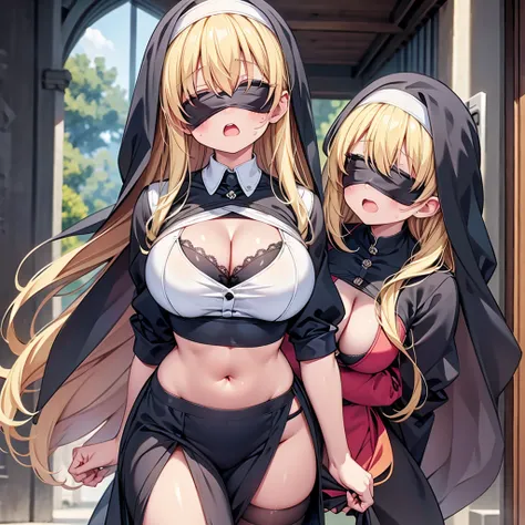 highest quality,wonderful,finely,extremely detailed CG Unity 8K wallpaper, (girl, very long hair, blonde, clothed), (nun :1.2), (huge breasts), (cleavage cutout:1.2), (crop top navel:1.2), (open mouth:1.1), (long tongue:1.1), (mouth drool:1.1), (black stoc...