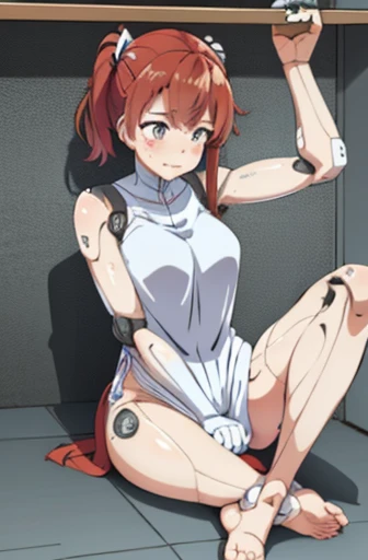 A Female robot is sleeping in a fridge, spread legs, nude, banzai pose. she wears no dress. She Brown short hair is tied with two big red clothespins, She lifts up the under hem of her white plain dress, leaning over, masterpiece, very short pigtails,brown...