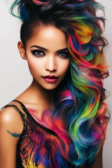 colorful, beautiful, handsome, chiseled features, illustrated, female, flowing tightly curled hair, paint, ultra detailed, maste...