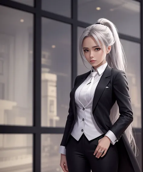 (Best quality, masterpiece, ArtStation, Fantasy Art:1.2), A beautiful young girl, (silver ponytail hair:1.1), (long black blazer suit, tie, trousers), character art, window panels, lights background