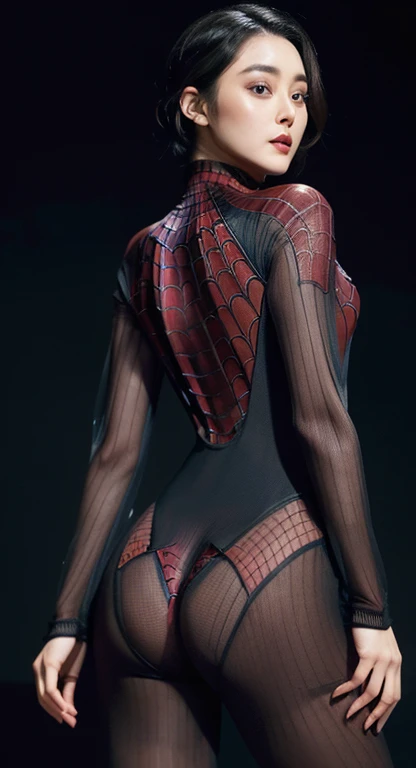 Anatomically normal, Fan Bingbing 50% face, simple makeup, Detailed body,short hair,dark night background, sticking out butt, back curvy ass, Wearing a Spiderman see-through suit that reveals her body, (((See-through material suit))), no anime, Full body v...