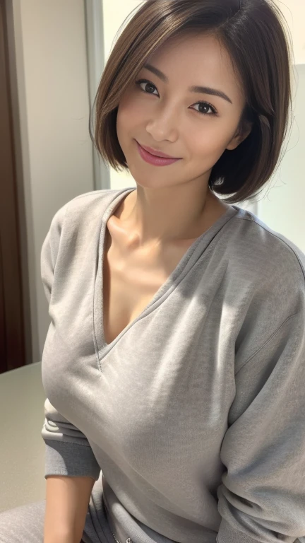 (highest quality,8k,masterpiece),
日本人Mature Woman,40 years,Mature Woman,Pure white skin, Tabletop、Top view from chest、
(Plump Breasts 1.3)、　((Grey sweatshirt top and bottom))、Random hairstyle、
,A gentle smile、A gaze that seduces viewers、Early morning hours...