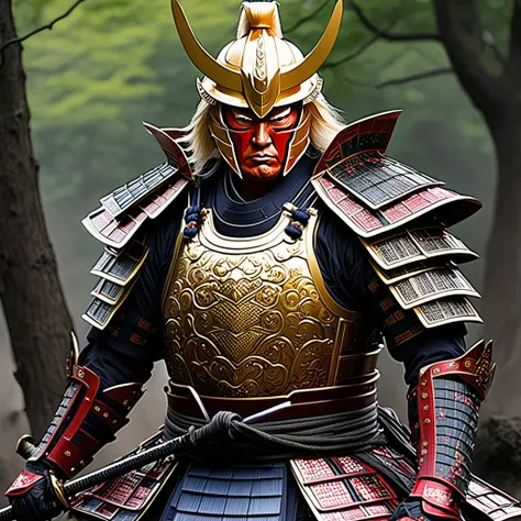 Donald Trump as a Samurai in American colored armor, slaying the demons that are the Democrat 