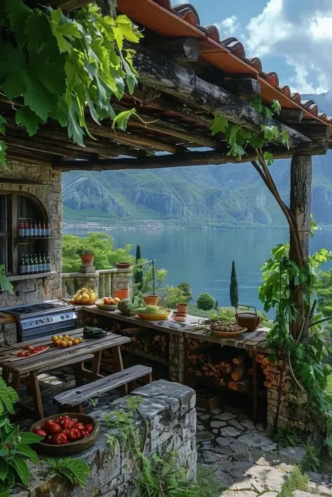 Outdoor kitchen next to the lake and waterfall and mountain flowers 