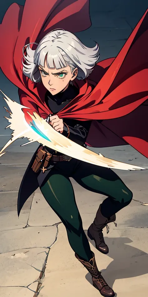 A woman with short bob haircut white silver platinum hair, choppy bangs, arched crescent eyebrows, sharp and determined eyes, a delicate oval face, a serious expression, a fantasy-style dark green military coat, draped with a dark red cloak, leather combat...