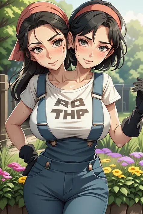 2heads, a tall thin woman with two heads. She is outside in a garden, she is gardening. She is very tall. She is very skinny. She has short black hair in a bun. She looks mature. She has very thick full lips. She is wearing overalls with a colorful T-shirt...