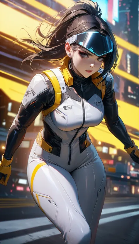 (yellow cyberpunk speed tactical suit:1) (1woman) dark theme :: focus on closeup face, serious face, cibetic visor, :: medium black hair, thick thighs :: ultra realistic futuristic speedster scifi cyberpunk athletic woman, black eyes, ((running in the midd...