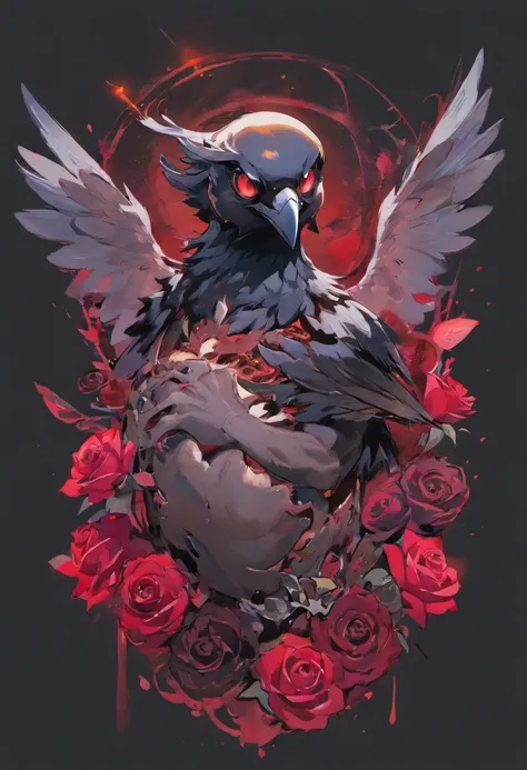 "Art by carne griffiths, Wlop, Rossdraws, highly detailed, painting of a crow with open wings landing on a skull with glowing red eyes, crow landing on a skull with red eyes, black roses around the skull, black and red watercolor splatter, black roses, dyn...