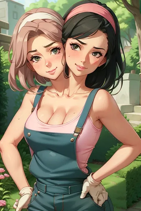 2heads, a tall thin woman with two heads. She is outside in a garden, she is gardening. She is very tall. She is very skinny. She has short black hair in a bun. She looks mature. She has very thick full lips. She is wearing overalls with a pink T-shirt und...