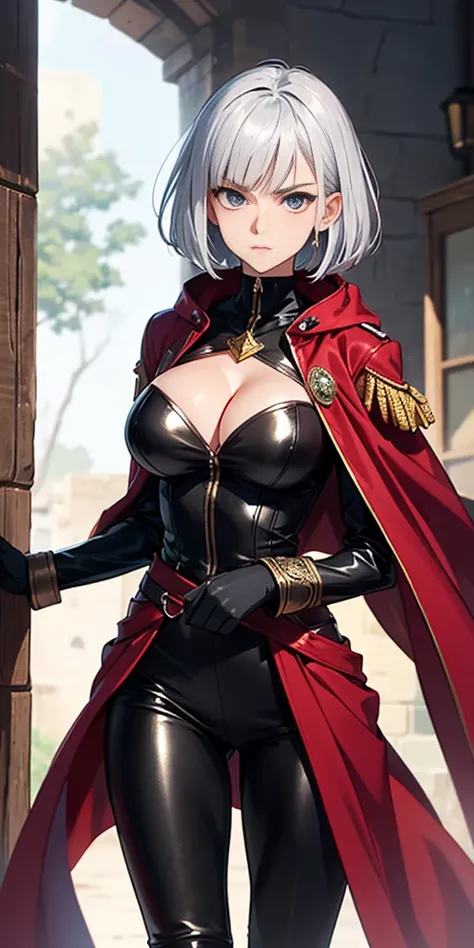 A woman with short bob haircut white silver platinum hair, choppy bangs, arched crescent eyebrows, sharp and determined eyes, a delicate oval face, a serious expression, a fantasy-style dark green military coat, draped with a dark red cloak, leather combat...