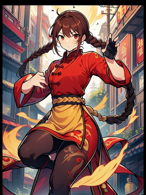 lei kugo live a live, qipao, chinese clothes, traditional clothes, action pose, full body, brown hair, braided hair, scars on fa...