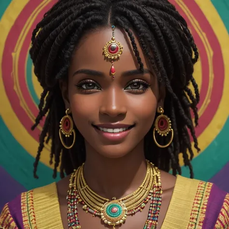 (best quality,ultra-detailed,realistic:1.37),portrait,Caribbean,beautiful black woman with enchanting smile and piercing eyes,wearing traditional Madras outfit from Martinique,gorgeous hair details,colorful background,warm lighting