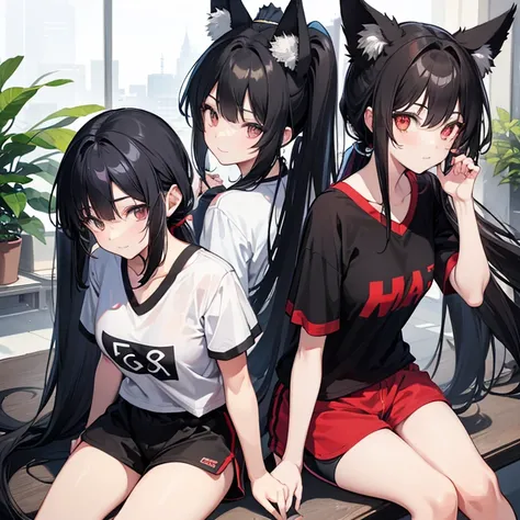 Two Young Adult woman, Long black hair, high ponytail, Fox ears, Foxtail, The left eye is blue, Red right eye, athletic shorts, sitting, straddleing each other, ssmile, Masterpiece, hiquality