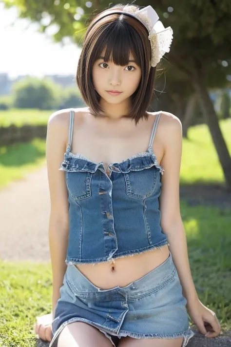 8k,Japanese,8-year-old,Innocent and innocent face,Highly detailed face,Kind eyes,,Straight Bang Hair,Hair blowing in the wind,A denim miniskirt that is too short、girl,cute,Summer clothes,Casual wear,camisole,I can see your tummy、Her belly button is visible...