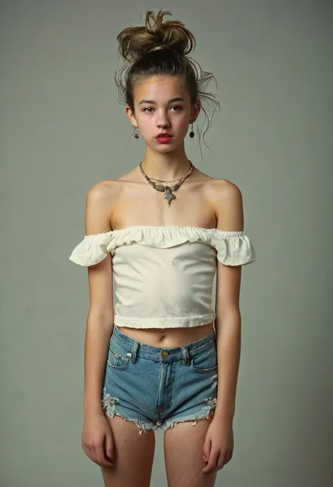 1girl, 14 years old, idol, , collarbone, ,standing, photography, film, depth of field, skin texture,, topknot, long hair, messy ...