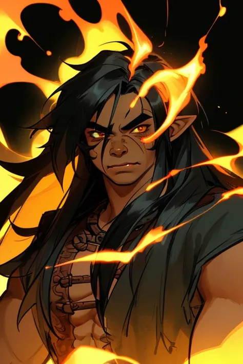 potrait, male, orc, cute, long hair, black hair, burning background, light skin