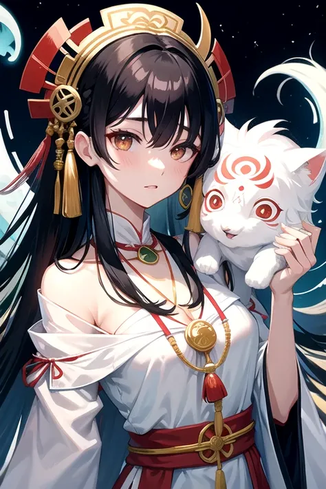 Amaterasu Omikami,Dress like a priestess,Magatama Necklace,Long Hair,Black Hair,Rin々Fresh eyebrows,Beautiful face