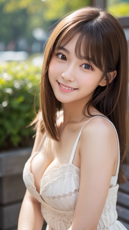 Brown Hair,Medium Hair,20-year-old female, Small nose, With the correct face, Cute natural smile, Japanese facial features, A clean and cute face, Cute realistic portrait, Asian Face, 8K Photo, Soft Makeup,Natural skin texture,Raw photo,highest quality,Ful...