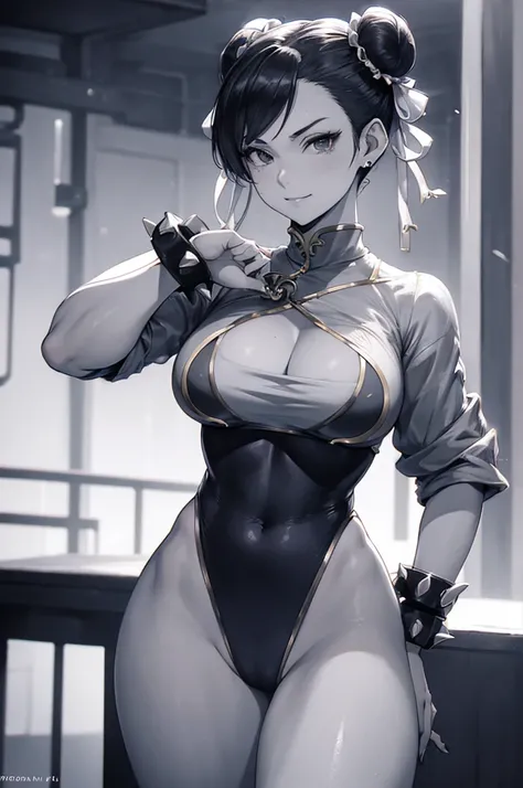 chun li solo, masterpiece, best quality, agrias, grey sweater, black leotard, standing, looking at viewer, short hair,oculos,evil smile, evil look, ,luvas preta,roupa azul,yandere rosto,low lighting,coxa sarada copo detalhado,olhando para frente
