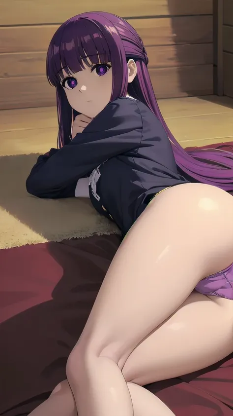 (((Pixel Perfect, Perfect detail))), One Girl, alone, Fern, Long Hair, bangs, (Purple eyes:1.1), Purple Hair, Side Lock, blunt bangs, (Bright Eyes:1.5), Half Up, good,  (I can see her panties:1.3), (lying on the face:1.3), indoor, whole body