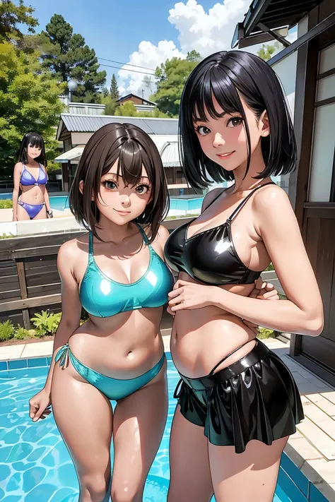 Standing wearing shiny bikini、Outstanding smile、 teenage woman、(1girl:1.8), Japanes、huge breast、short hair、(Shiny skin:1.4)、sexy pose, Esbian all over、