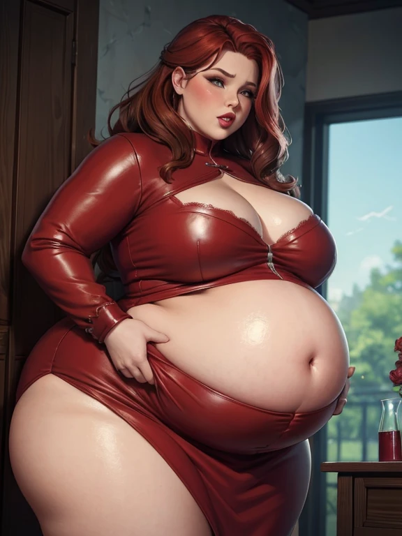 Fat pregnant triss merigold, red lipstick, eyeshadow, blushed, surprised, big cheeks, leather dress, Big lips, double chin, chubby body,bbw, morbidly obese, pregnant belly, overwhelmed, shocked